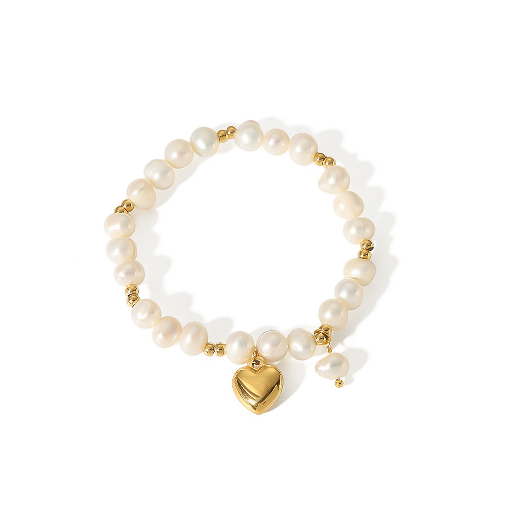 Pearl Bracelet with Heart Charm – 316L Stainless Steel (Nuevos)