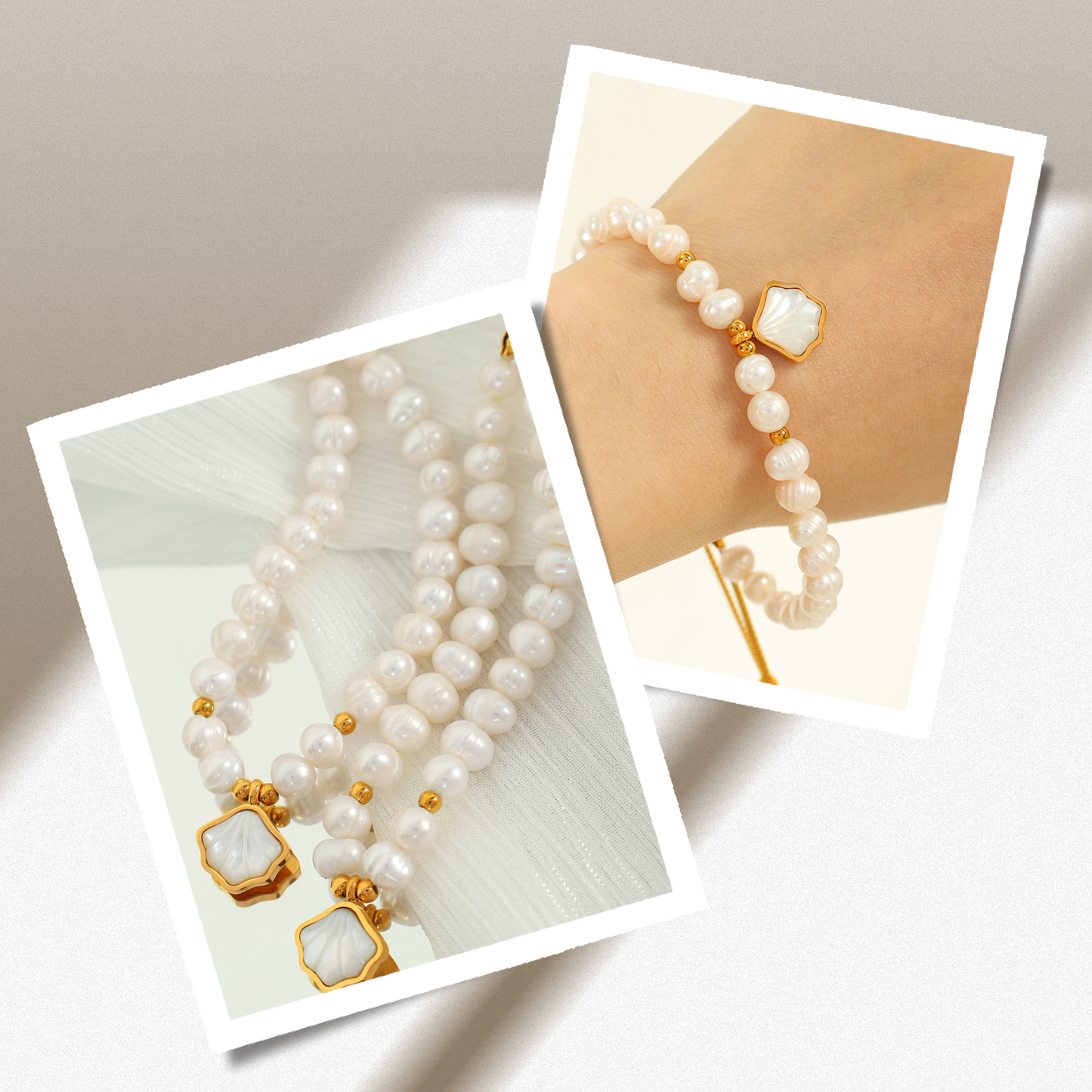 Freshwater Pearl Beaded Bracelet with Oyster Charm – 18K Gold Plated 316L Stainless Steel