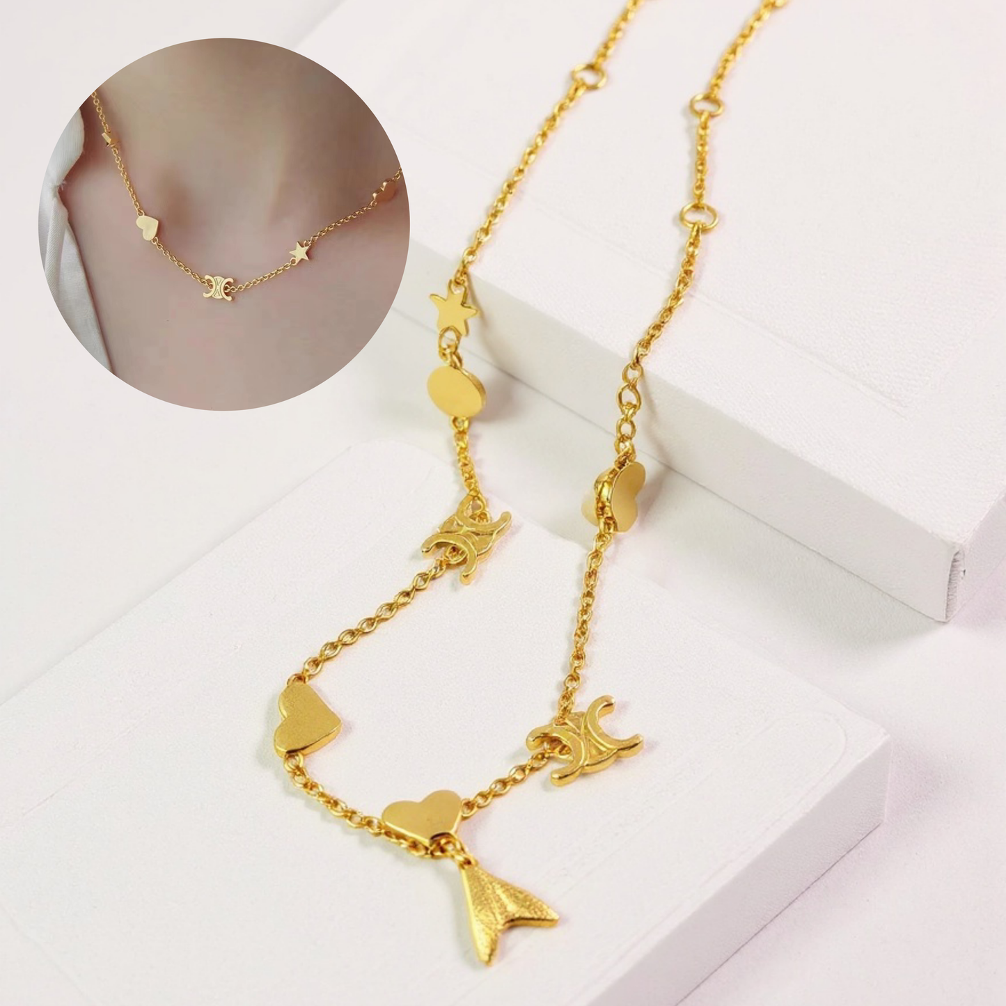 Gold Crooked Chain Necklace with Fixed Heart Pendant – 316L Stainless Steel, Minimalist (Nuevos)