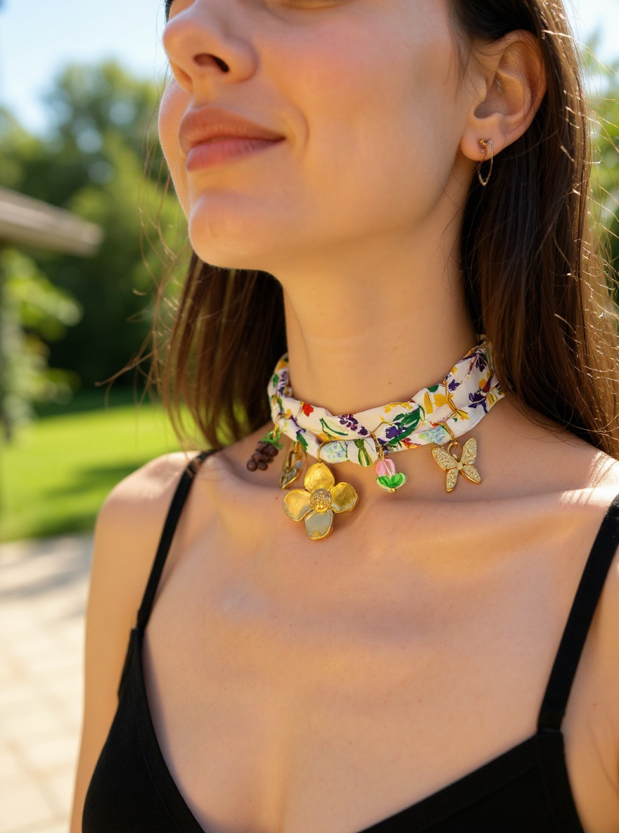 Adjustable Multicolor Cord Necklace with 7 Stainless Steel 316L 18K Gold Plated Charms (Nuevos)