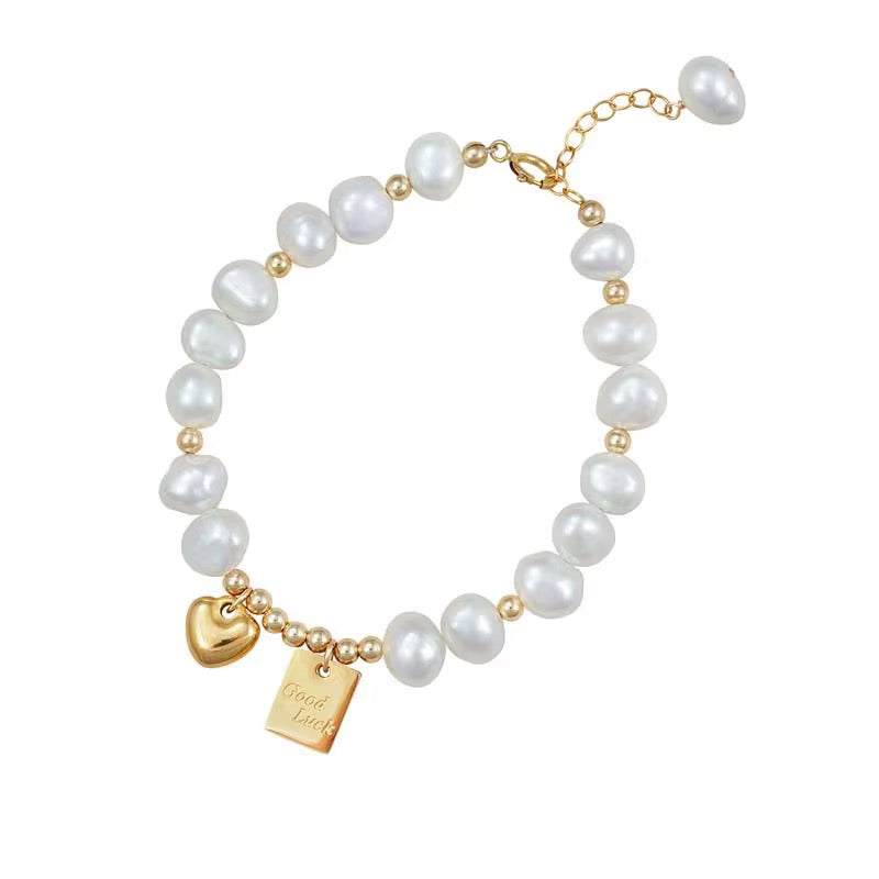 Pearl Bracelet with Heart Charm – 316L Stainless Steel (Nuevos)