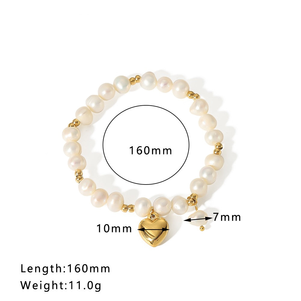 Pearl Bracelet with Heart Charm – 316L Stainless Steel (Nuevos)