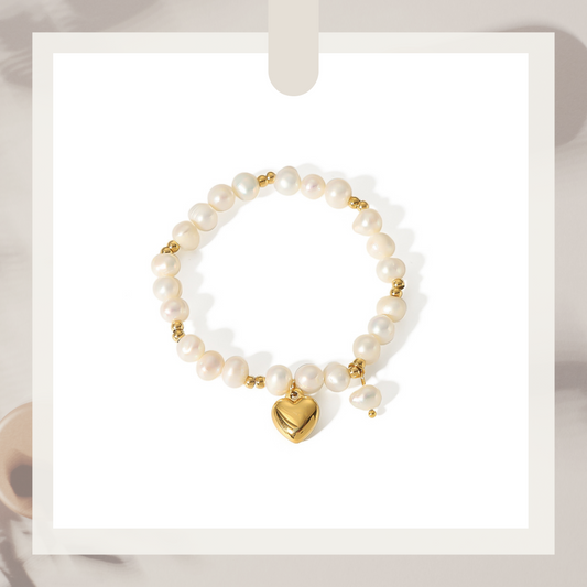 Pearl Bracelet with Heart Charm – 316L Stainless Steel (Nuevos)