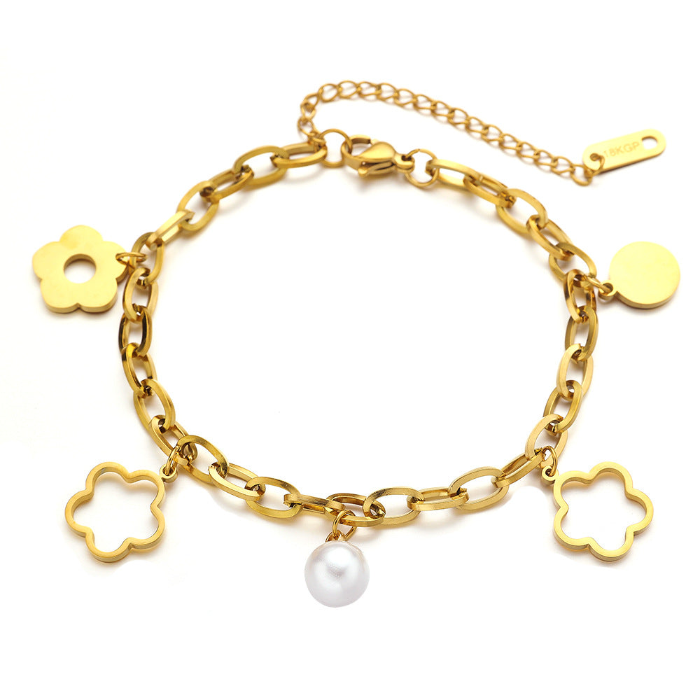 Gold Flower Bracelet with Pearl – 18K Gold Plated Stainless Steel (Nuevos)