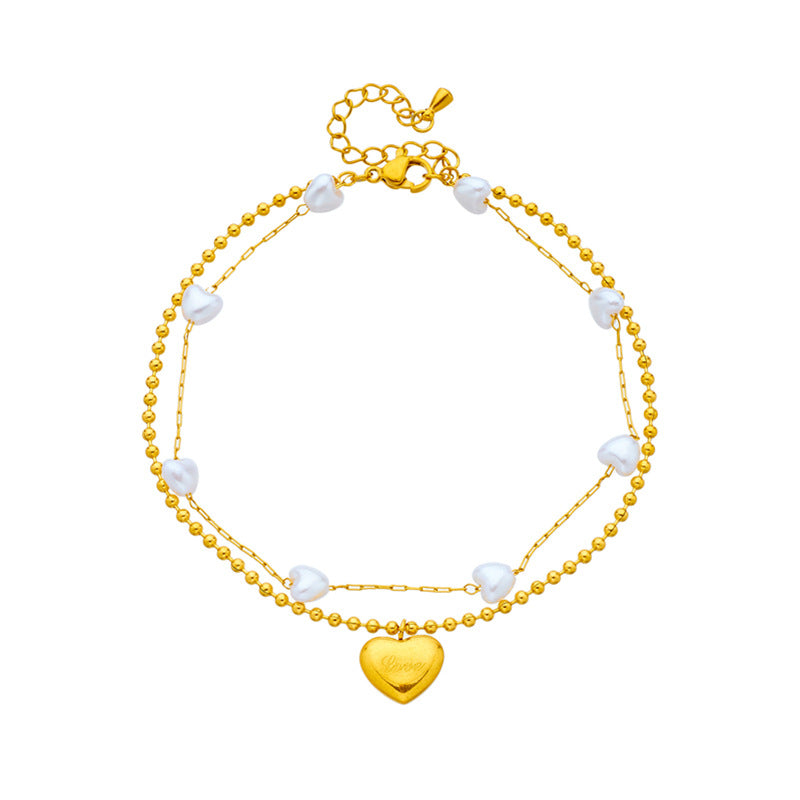Gold Double Bracelet with Pearls & Heart Pendant – 18K Gold Plated Stainless Steel (Nuevos)