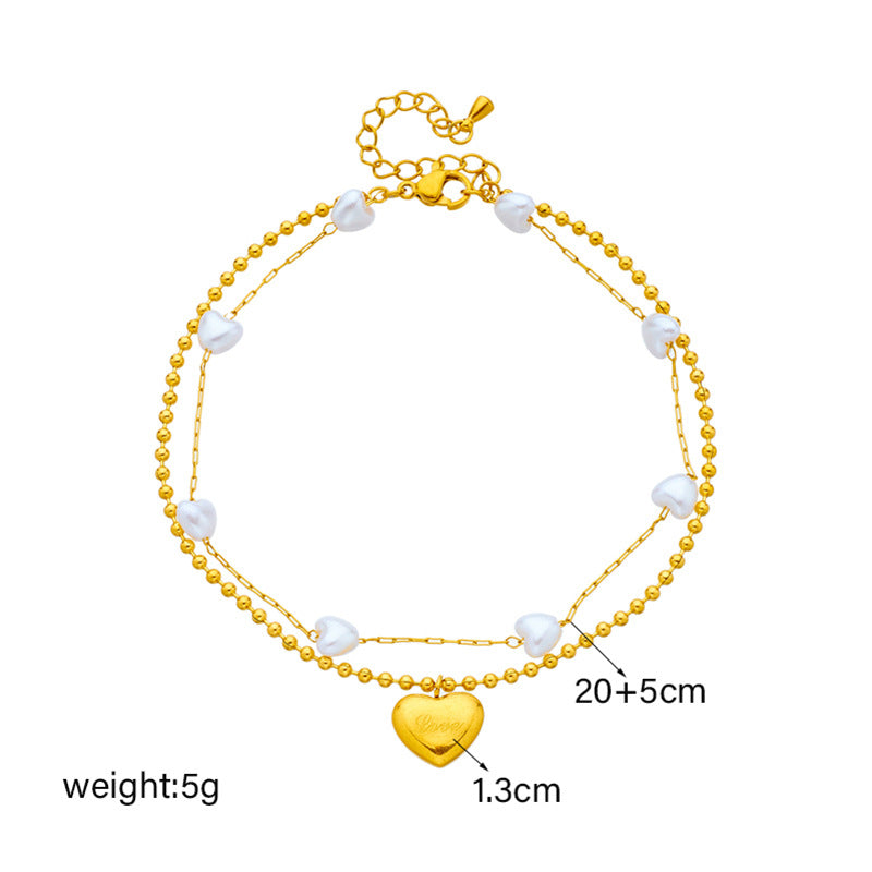 Gold Double Bracelet with Pearls & Heart Pendant – 18K Gold Plated Stainless Steel (Nuevos)