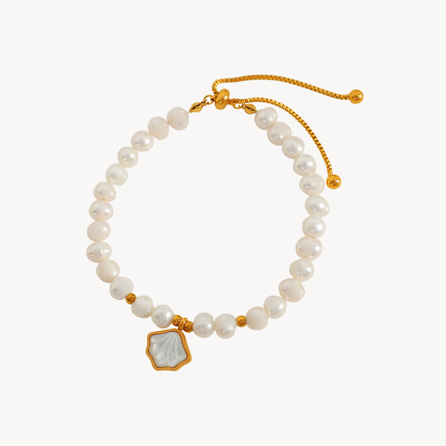 Freshwater Pearl Beaded Bracelet with Oyster Charm – 18K Gold Plated 316L Stainless Steel