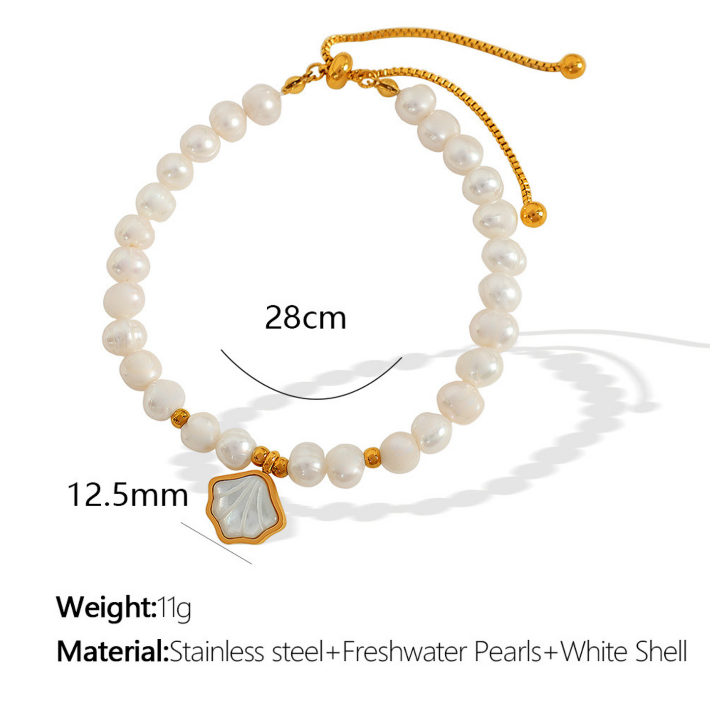 Freshwater Pearl Beaded Bracelet with Oyster Charm – 18K Gold Plated 316L Stainless Steel