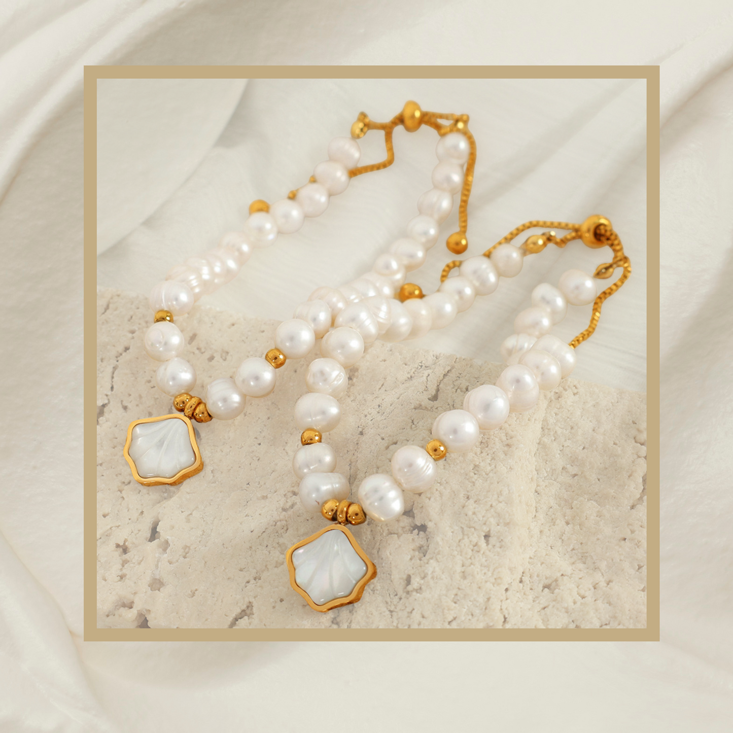 Freshwater Pearl Beaded Bracelet with Oyster Charm – 18K Gold Plated 316L Stainless Steel