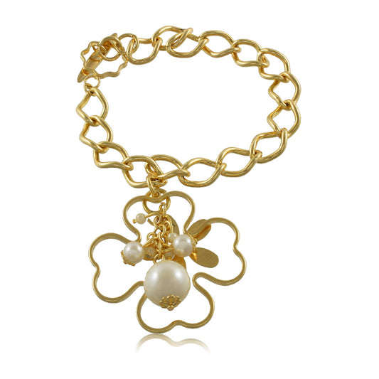 Handmade Gold Layered Bracelet with Flower Pearl Charm – Nickel-Free