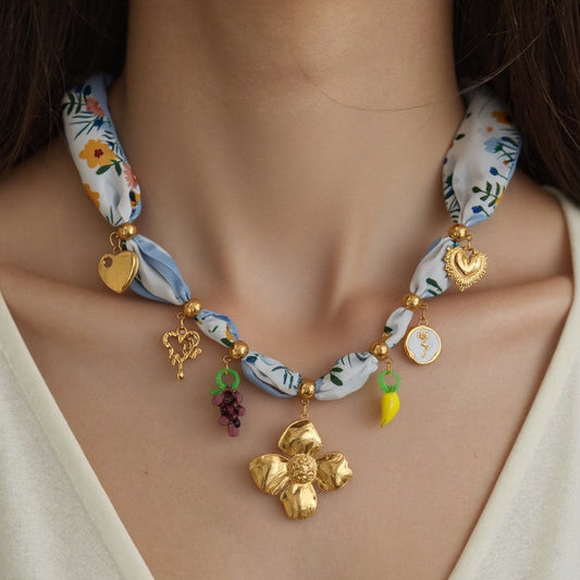 Adjustable Multicolor Cord Necklace with 7 Stainless Steel 316L 18K Gold Plated Charms (Nuevos)