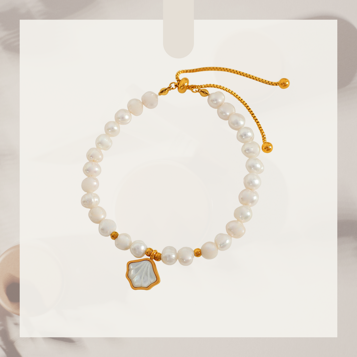 Freshwater Pearl Beaded Bracelet with Oyster Charm – 18K Gold Plated 316L Stainless Steel