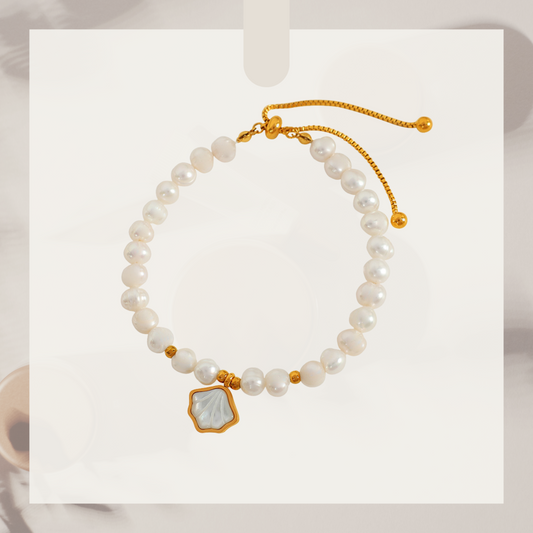 Freshwater Pearl Beaded Bracelet with Oyster Charm – 18K Gold Plated 316L Stainless Steel