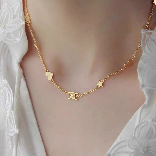 Gold Crooked Chain Necklace with Fixed Heart Pendant – 316L Stainless Steel, Minimalist (Nuevos)