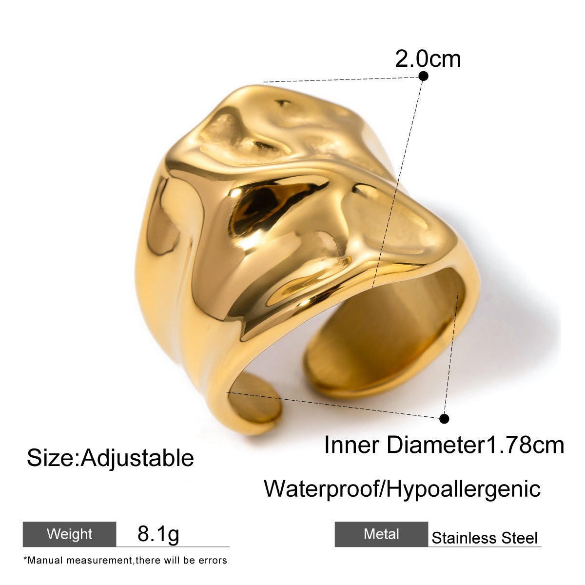 Adjustable Open Ring in 316L Stainless Steel with 18K Gold Plating – One Size (Nuevos)