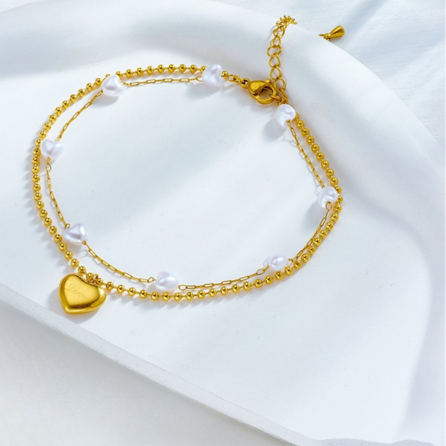 Gold Double Bracelet with Pearls & Heart Pendant – 18K Gold Plated Stainless Steel (Nuevos)
