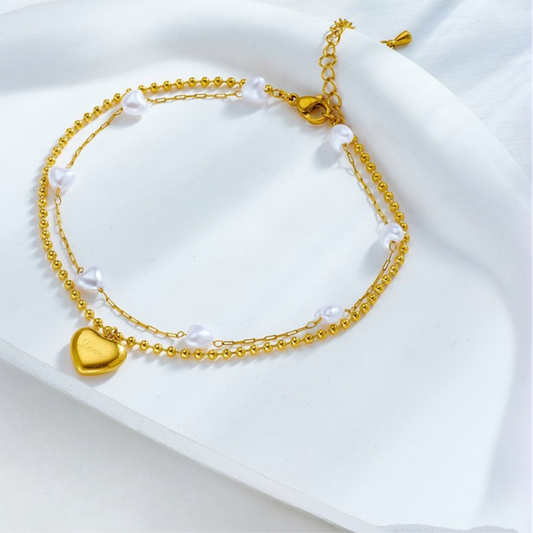 Gold Double Bracelet with Pearls & Heart Pendant – 18K Gold Plated Stainless Steel (Nuevos)
