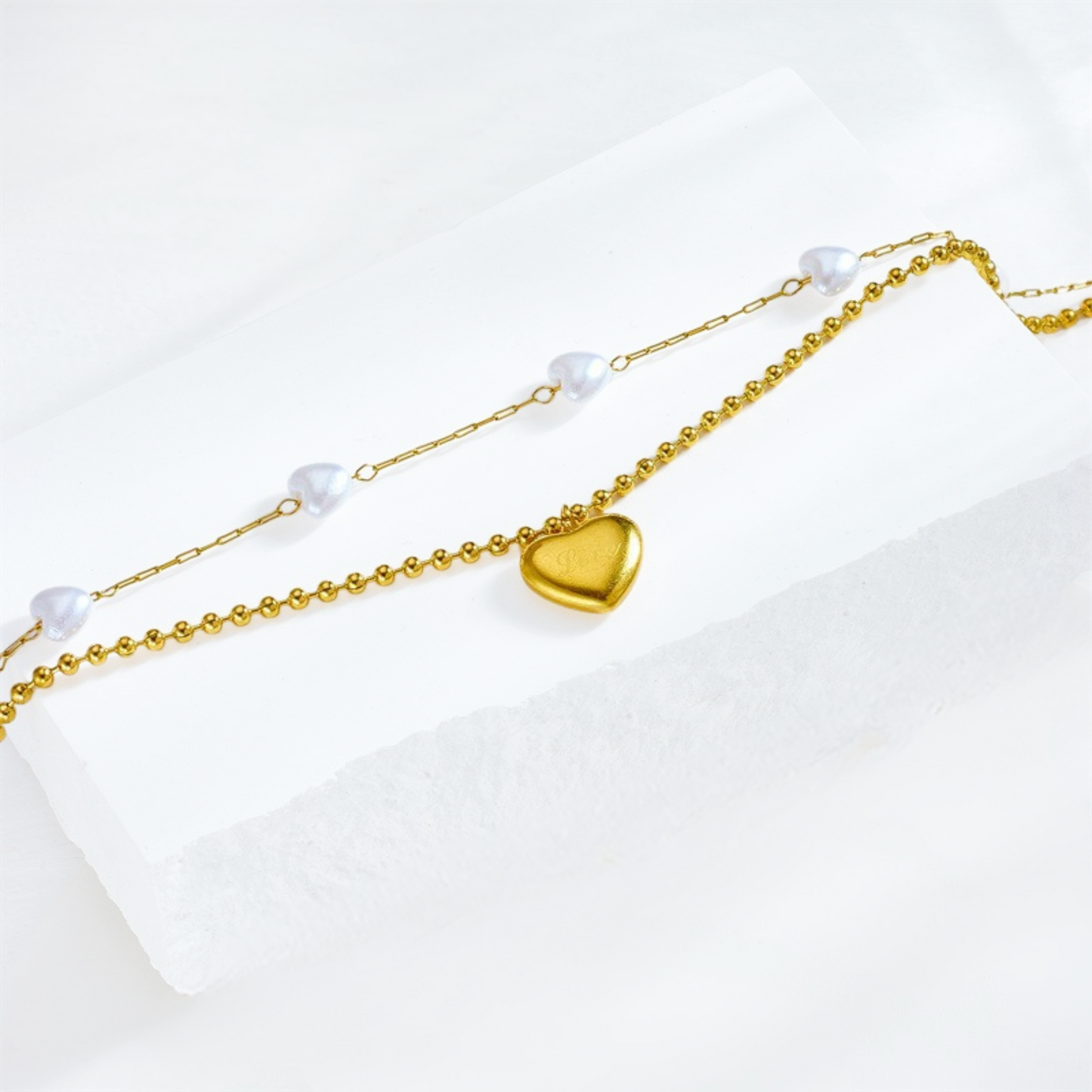 Gold Double Bracelet with Pearls & Heart Pendant – 18K Gold Plated Stainless Steel (Nuevos)