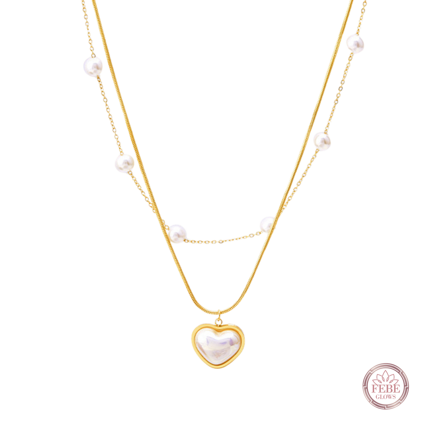 Gold Pearl Heart Necklace – Double Chain Stainless Steel (Nuevos)