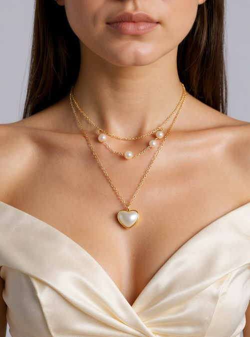 Gold Pearl Heart Necklace – Double Chain Stainless Steel (Nuevos)
