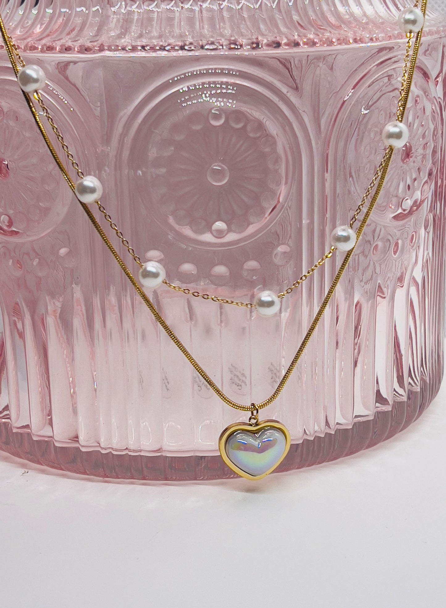 Gold Pearl Heart Necklace – Double Chain Stainless Steel (Nuevos)