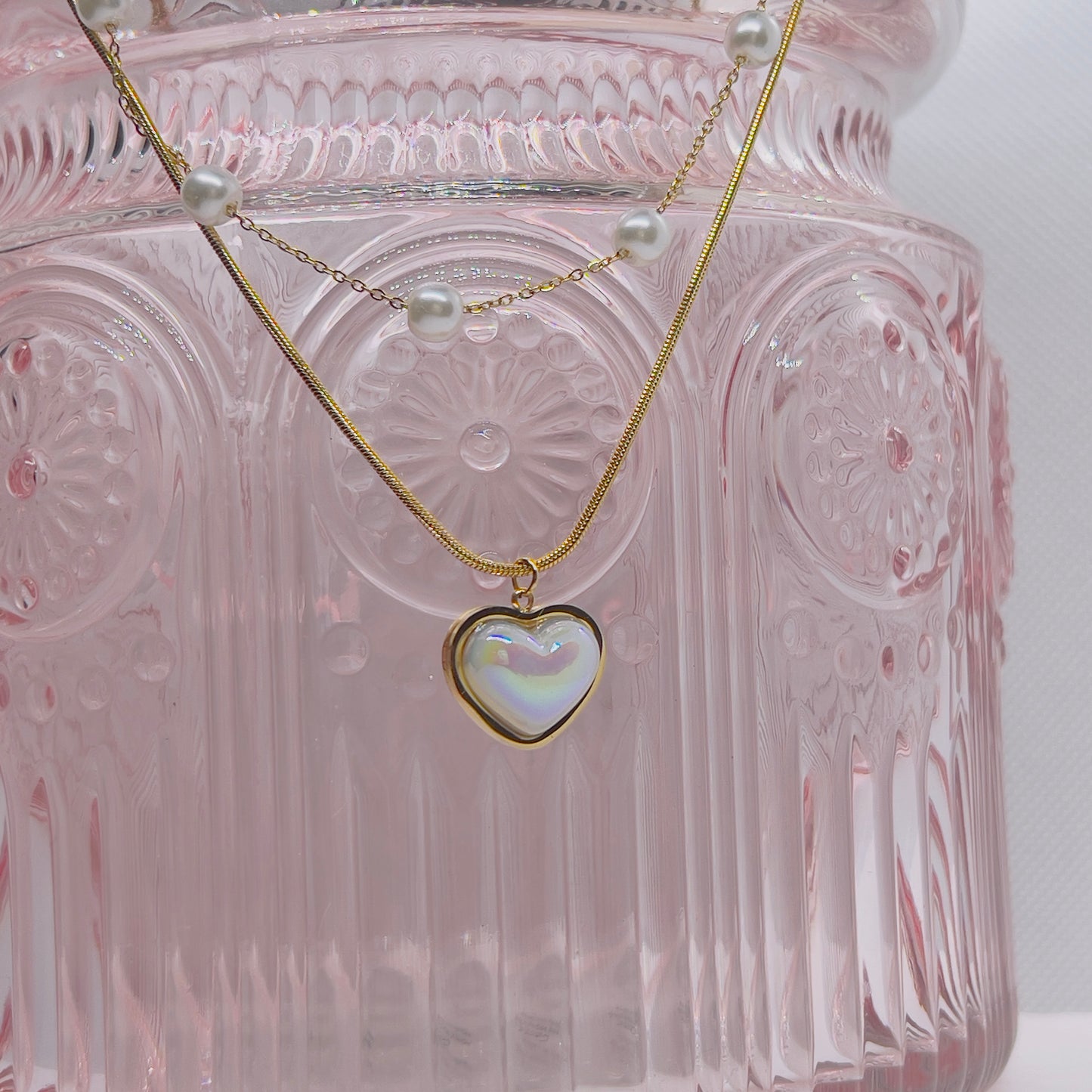 Gold Pearl Heart Necklace – Double Chain Stainless Steel (Nuevos)