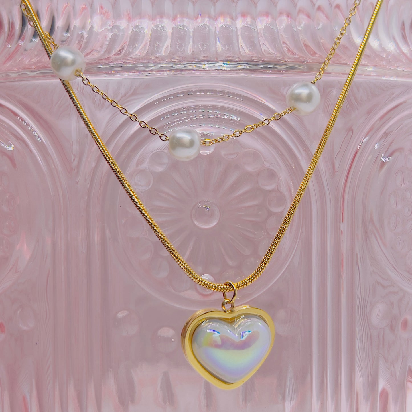 Gold Pearl Heart Necklace – Double Chain Stainless Steel (Nuevos)