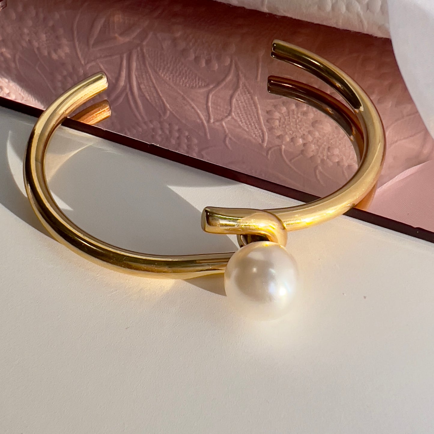 Solid Open Cuff Bracelet with Pearl – 316L Stainless Steel Jewelry