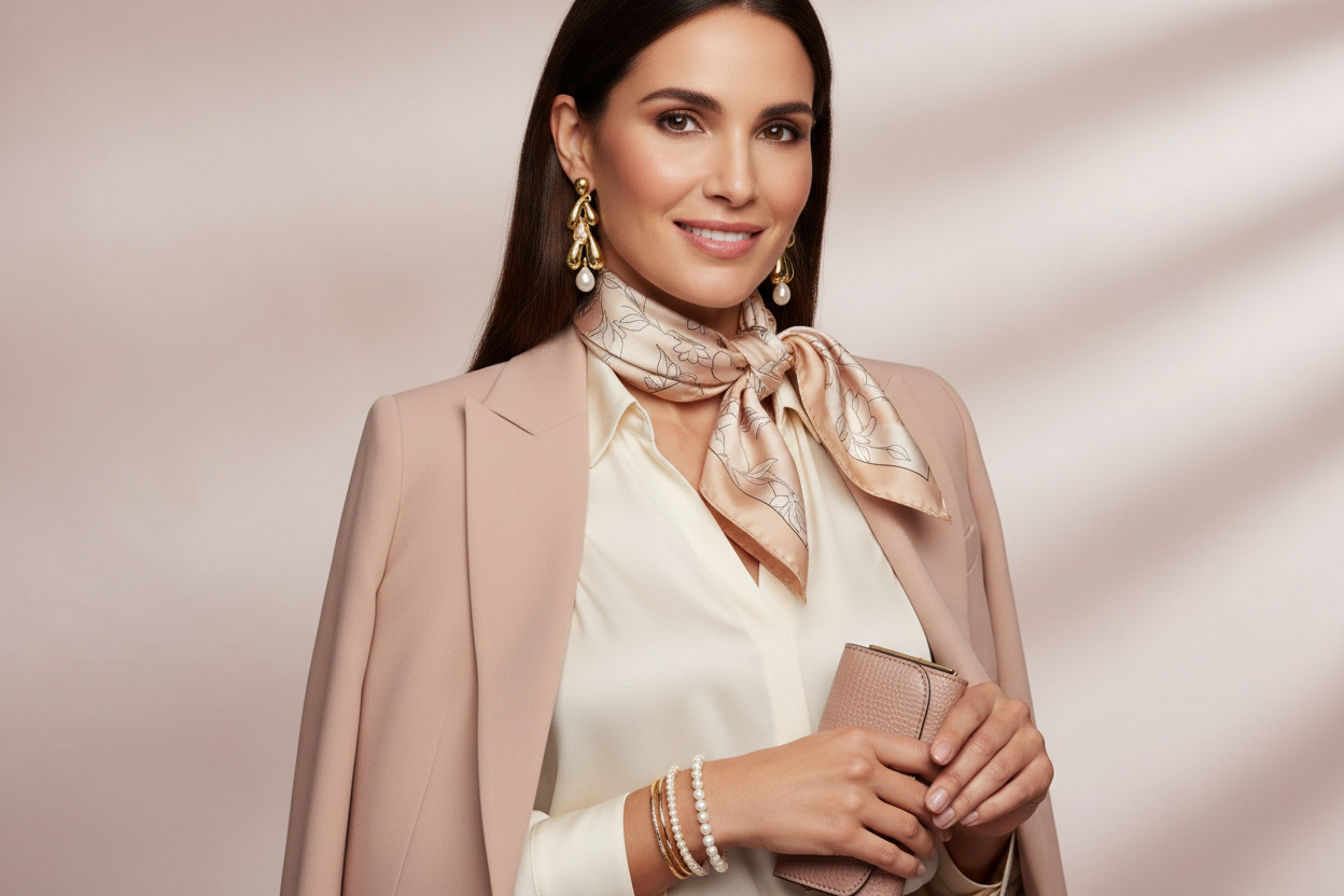 High-end, elegant hero image for a website or presentation slide, illustrating the concept “Make a great first impression.” Showcase a stylish, confident woman wearing sophisticated jewelry (such as gold or pearl earrings and bracelets) or elegant fashion accessories. She is posed naturally, radiating charm, poise, and confidence.
Soft, luxurious lighting highlights the jewelry and her polished appearance, with subtle reflections adding depth and refinement.
Background is minimal and chic, in soft blush, cr