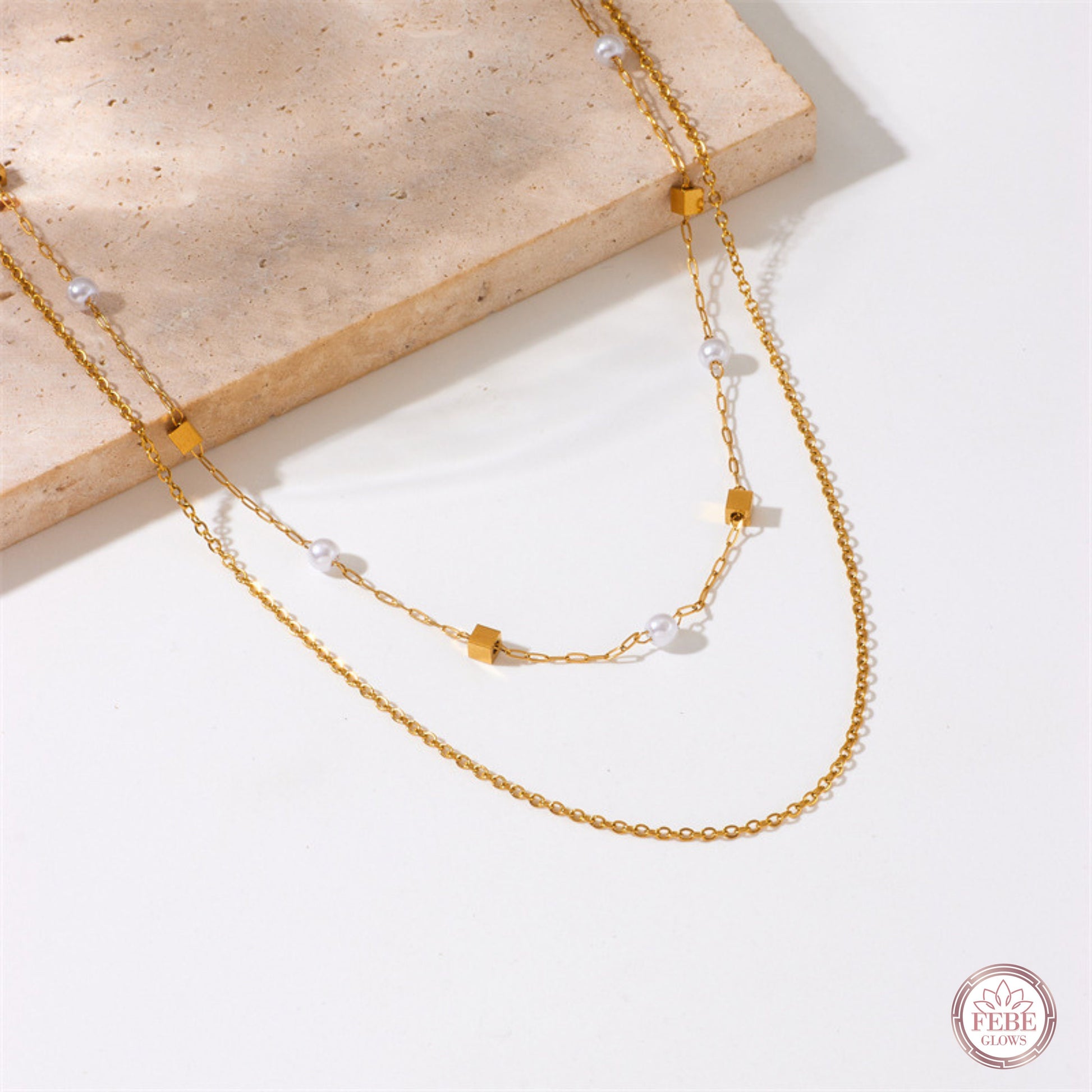 Gold pearl necklace,Double chain and pearl necklace,Dainty necklace,Gifts for her,Wedding Necklace, Minimalist Pearl Necklace, Mother Gift