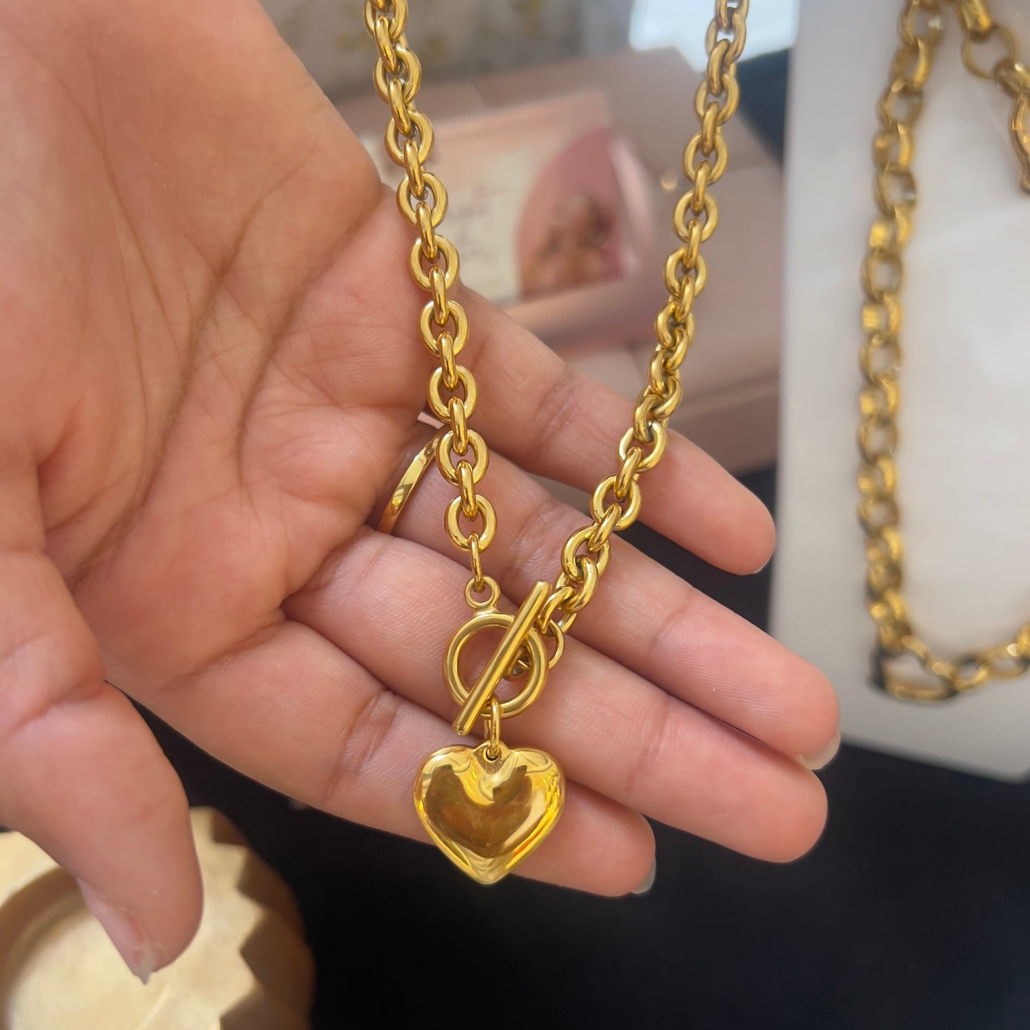 Gold Chunky Heart Bracelet and Necklace, Heart Charm Set, Gold Chain Necklace, Gold Chain Bracelet, Chunky Bracelet and Necklace,Heart Charm