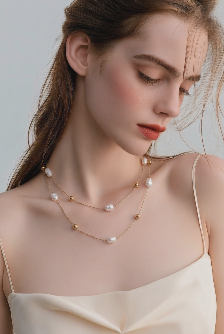 Double Layer Pearl Necklace 18K Gold Plated Stainless Steel 316L