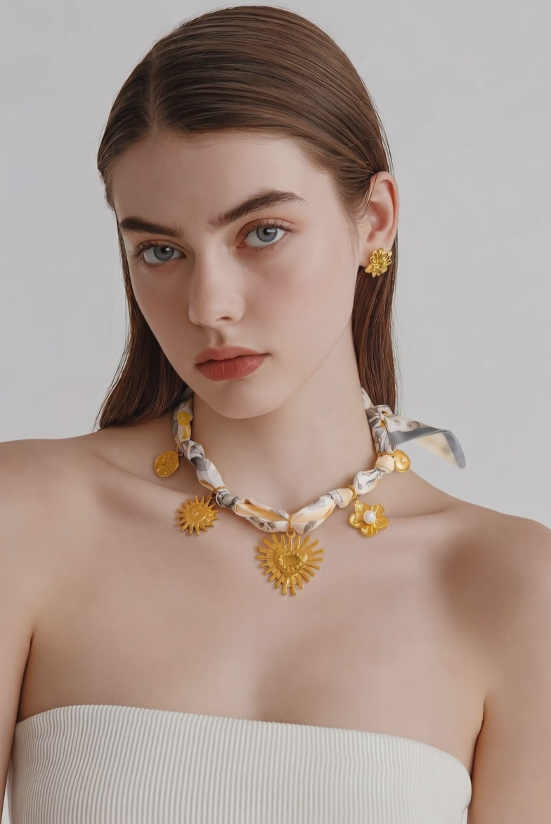 Gold Sun Charm Necklace with Silk Cord – 18K Gold Plated